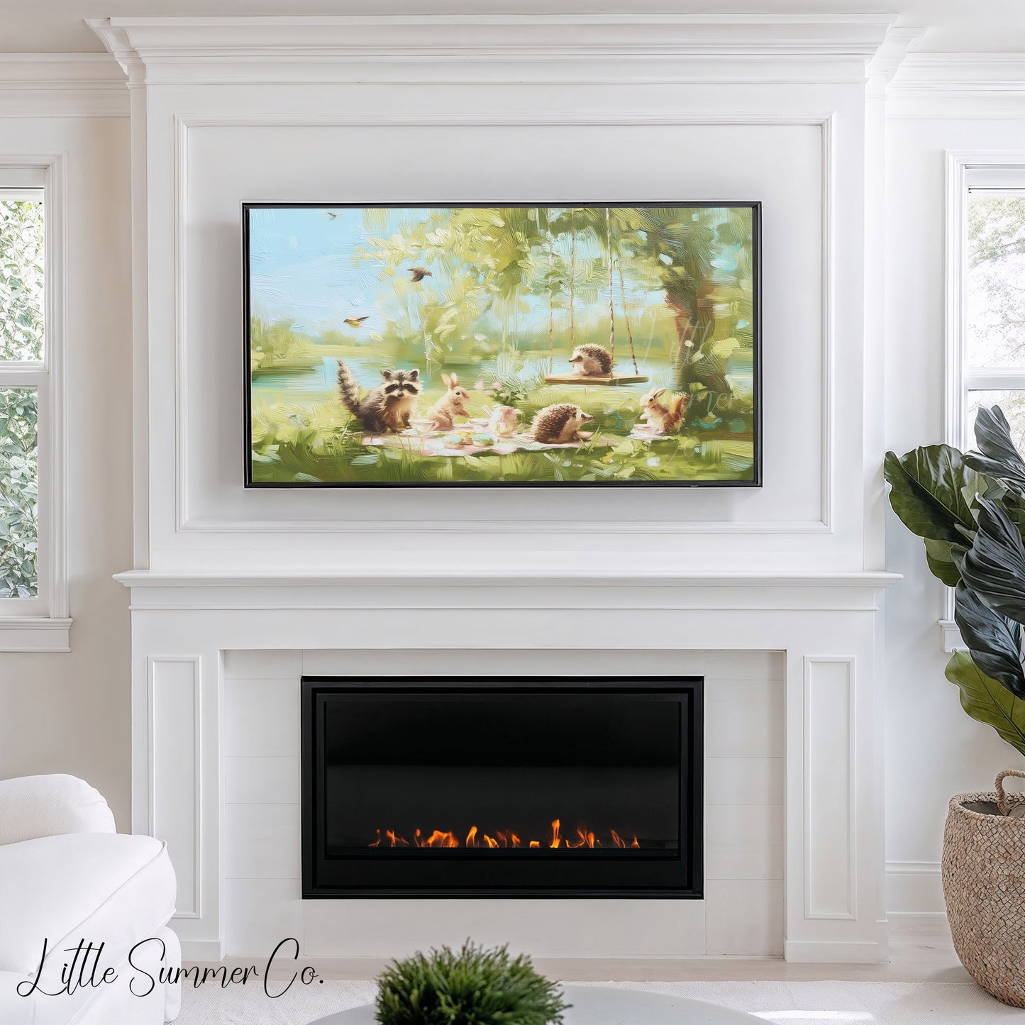 Woodland Creatures Picnic Frame TV Art displayed on a TV