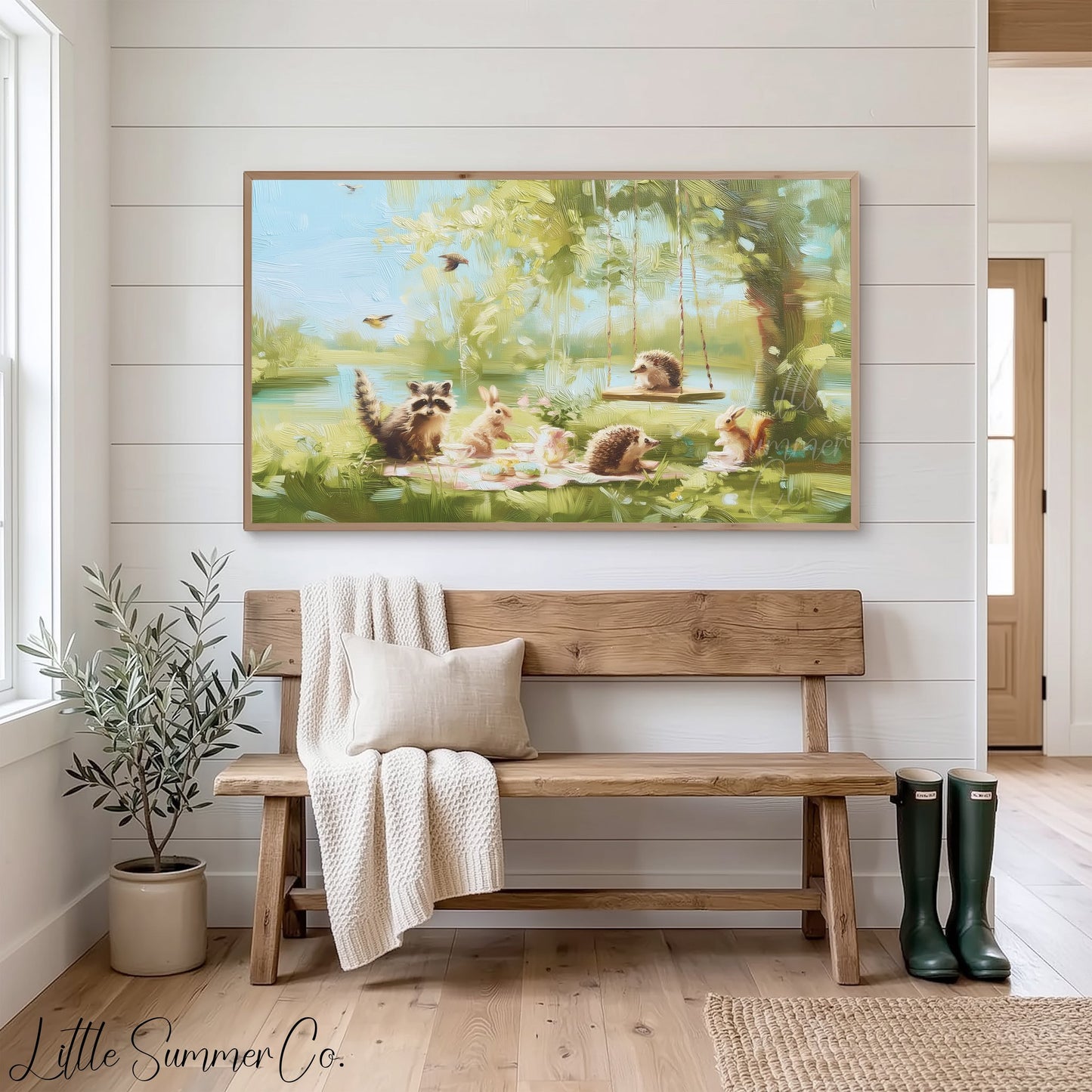 Woodland Creatures Picnic Frame TV Art displayed on a TV