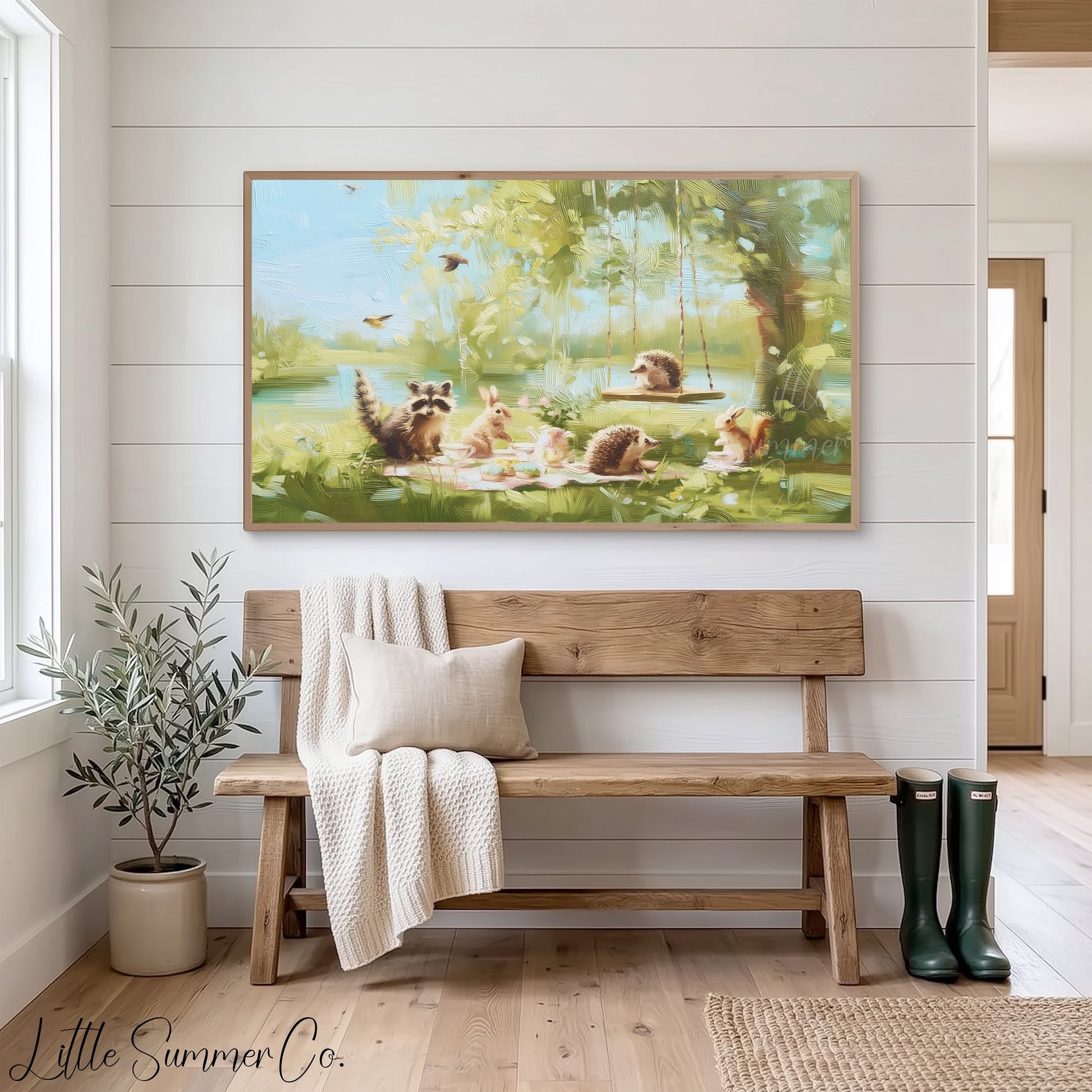 Woodland Creatures Picnic Frame TV Art displayed on a TV