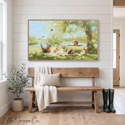 Woodland Creatures Picnic Frame TV Art displayed on a TV