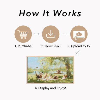 Woodland Creatures Picnic Frame TV Art displayed on a TV