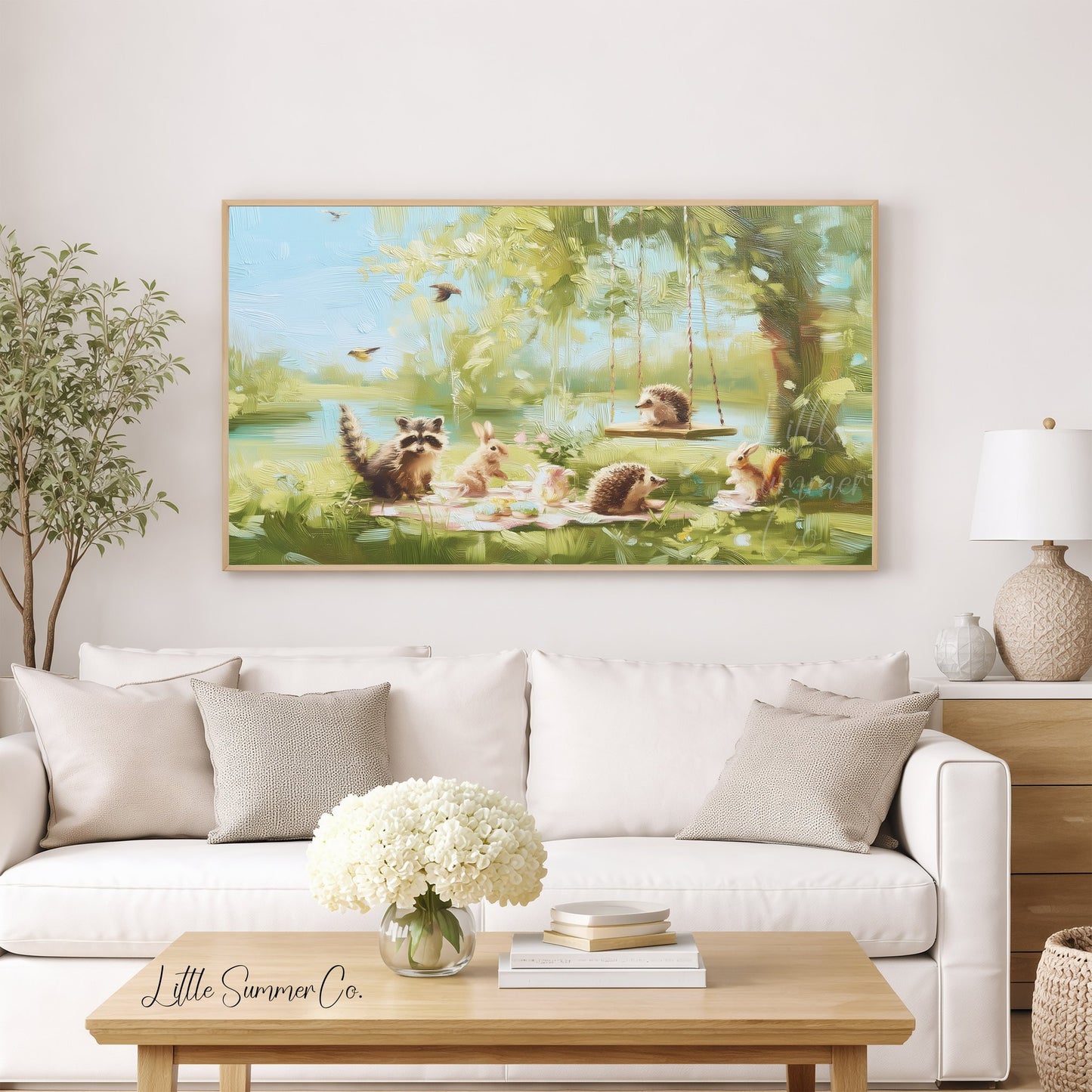 Woodland Creatures Picnic Frame TV Art displayed on a TV