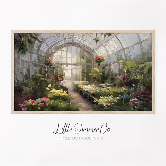 Greenhouse Flowers Frame TV Art displayed on a TV