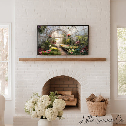Greenhouse Flowers Frame TV Art displayed on a TV