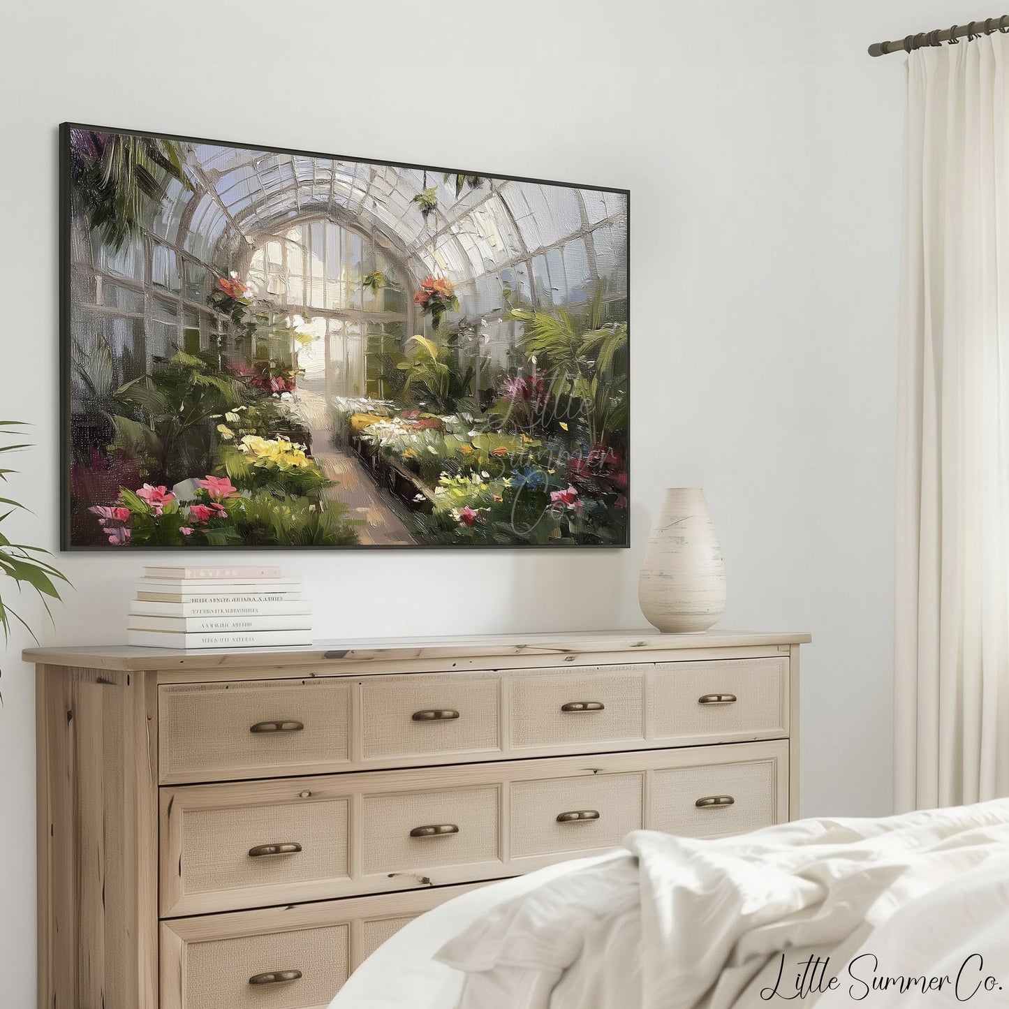 Greenhouse Flowers Frame TV Art displayed on a TV