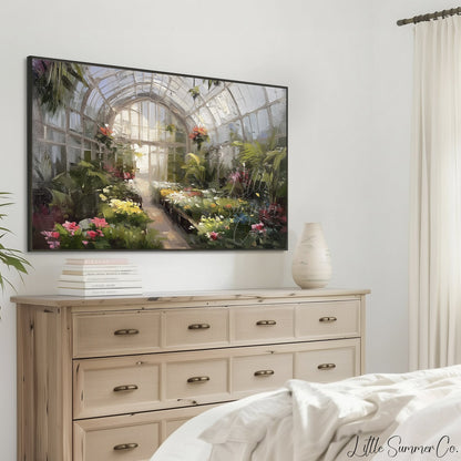 Greenhouse Flowers Frame TV Art displayed on a TV