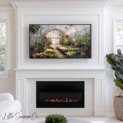 Greenhouse Flowers Frame TV Art displayed on a TV