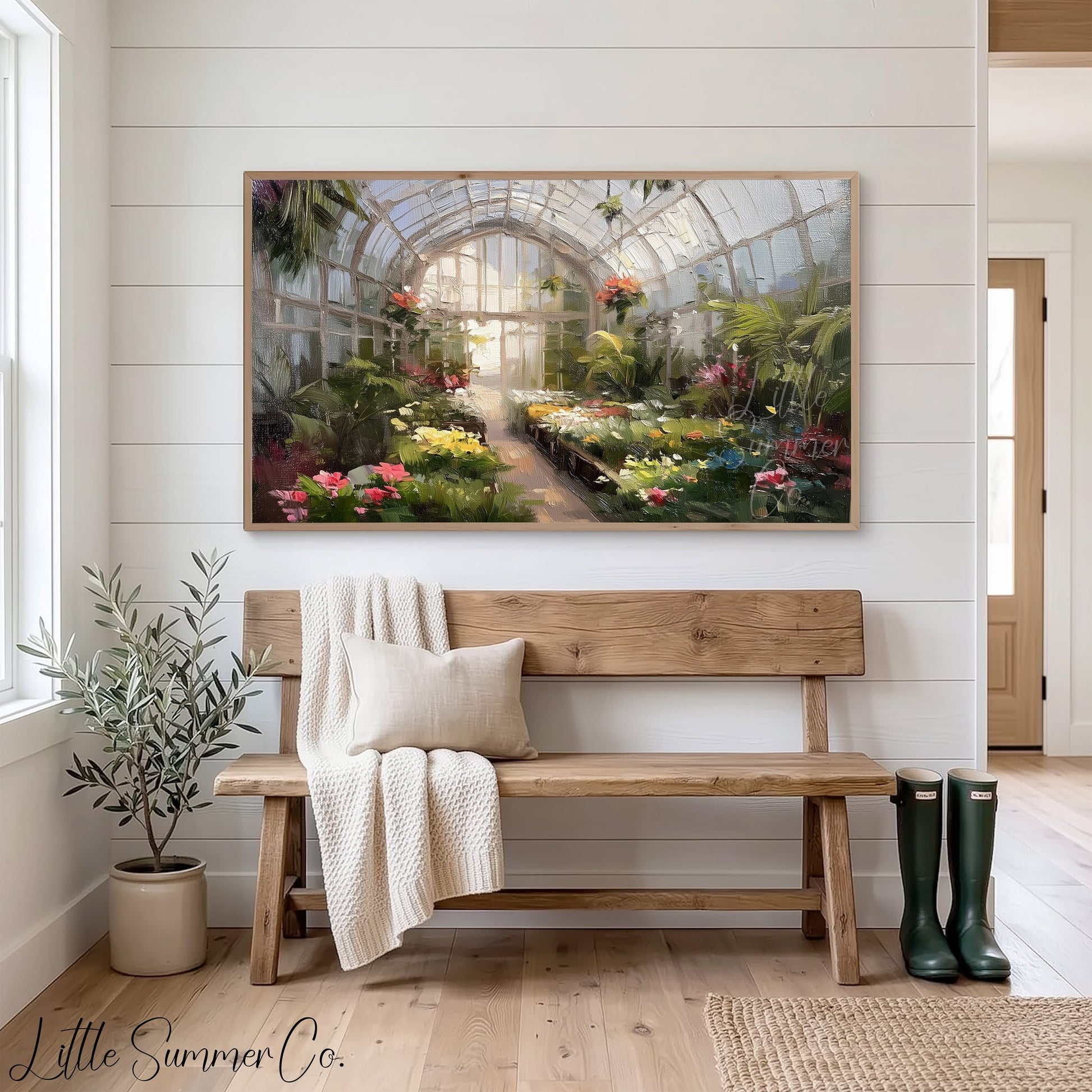 Greenhouse Flowers Frame TV Art displayed on a TV