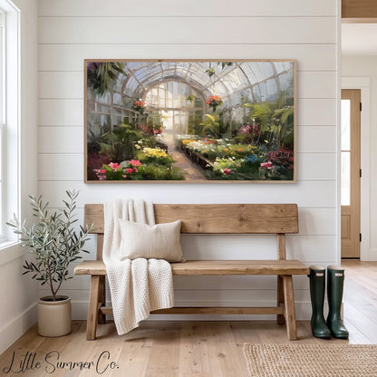 Greenhouse Flowers Frame TV Art displayed on a TV