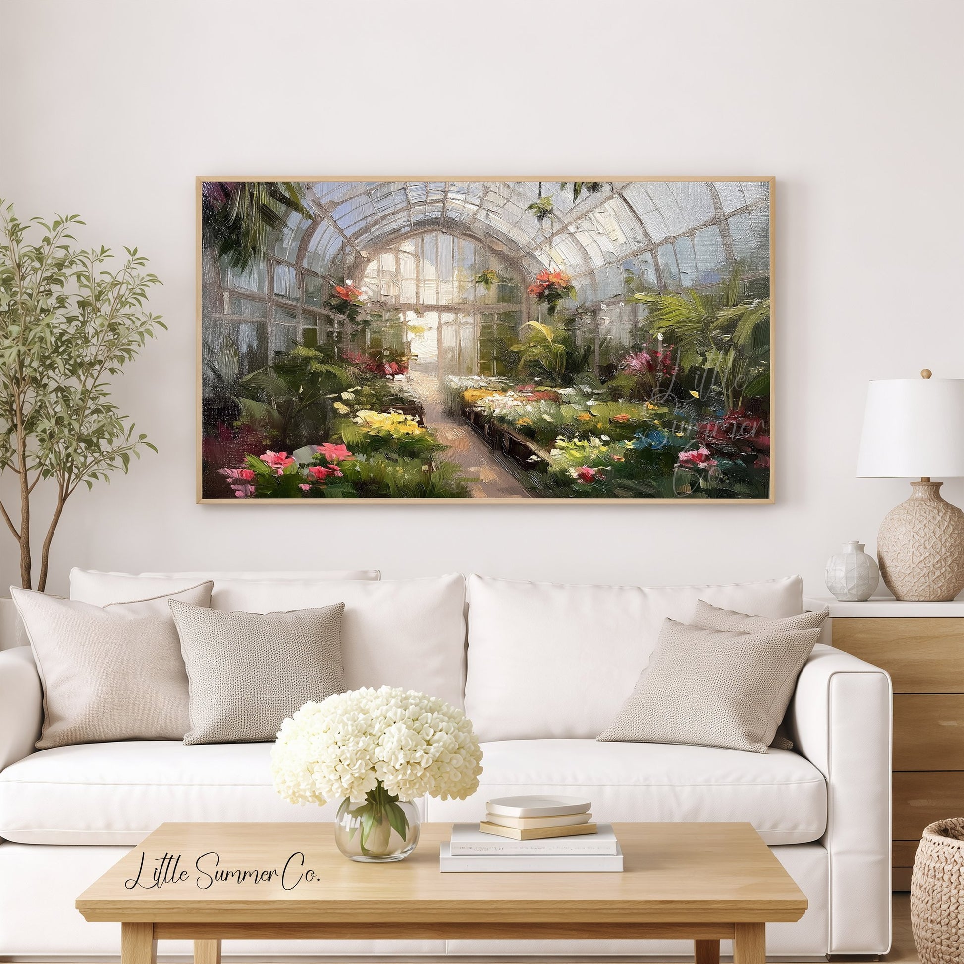 Greenhouse Flowers Frame TV Art displayed on a TV