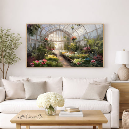 Greenhouse Flowers Frame TV Art displayed on a TV