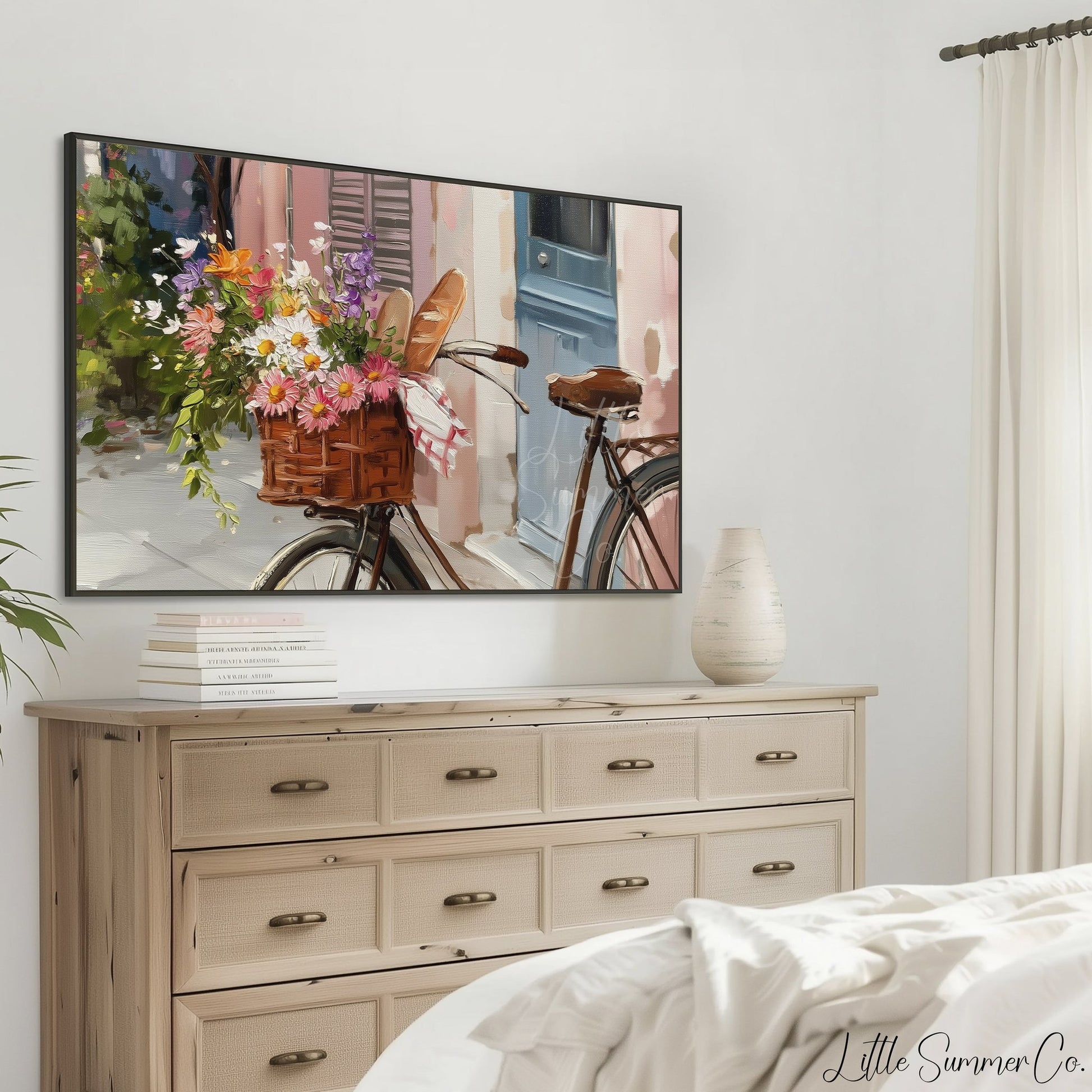Bicycle with Flower Basket Frame TV Art displayed on a TV