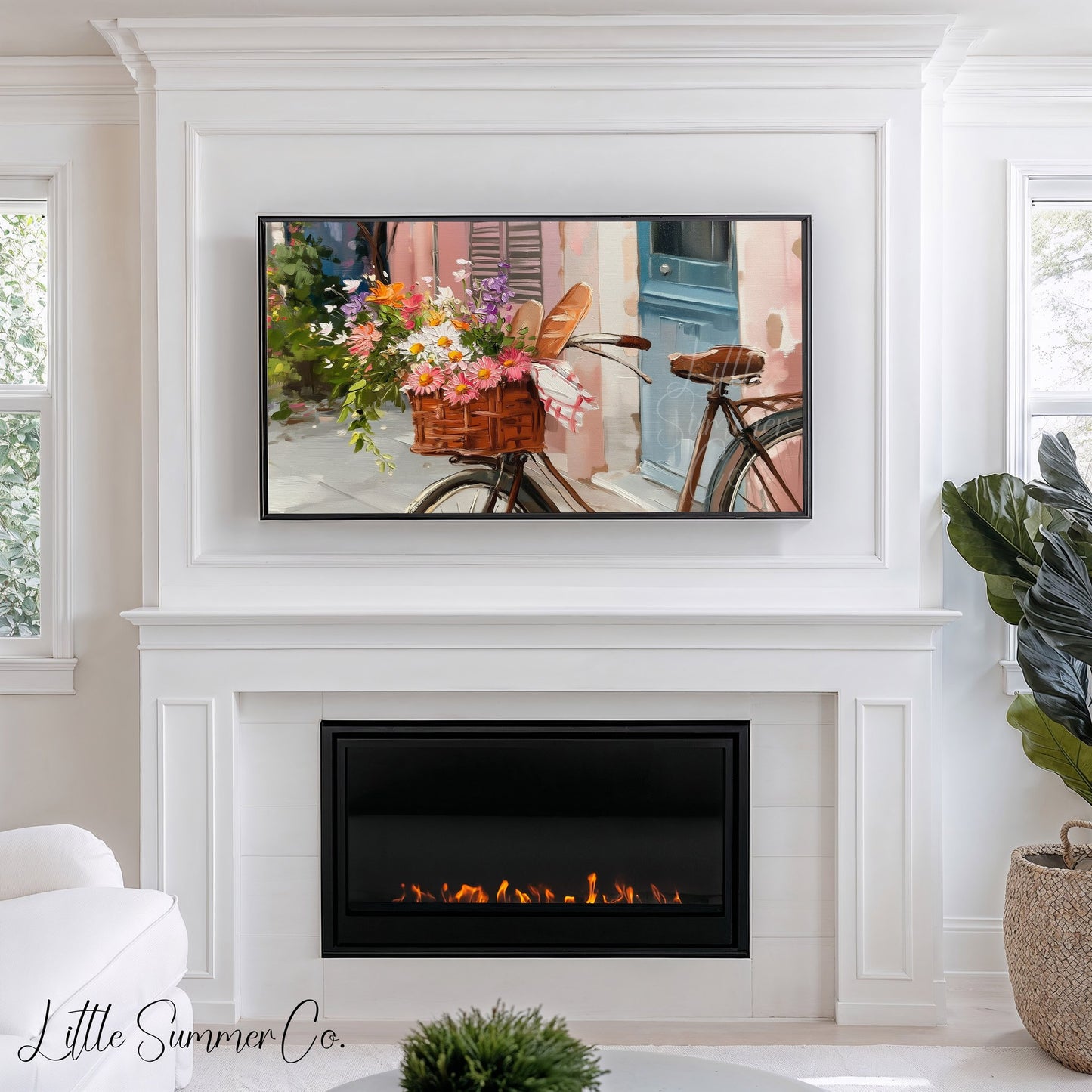 Bicycle with Flower Basket Frame TV Art displayed on a TV