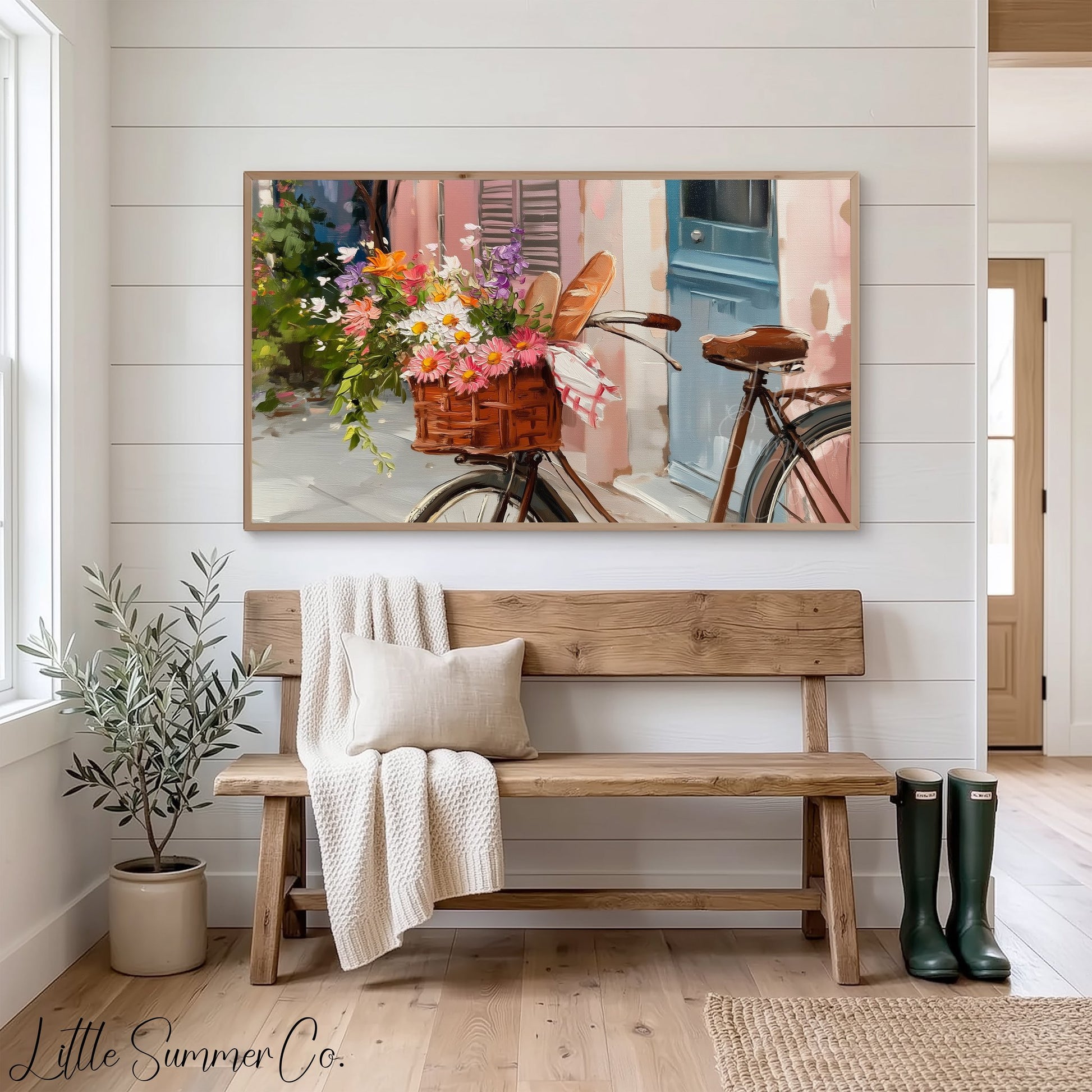 Bicycle with Flower Basket Frame TV Art displayed on a TV