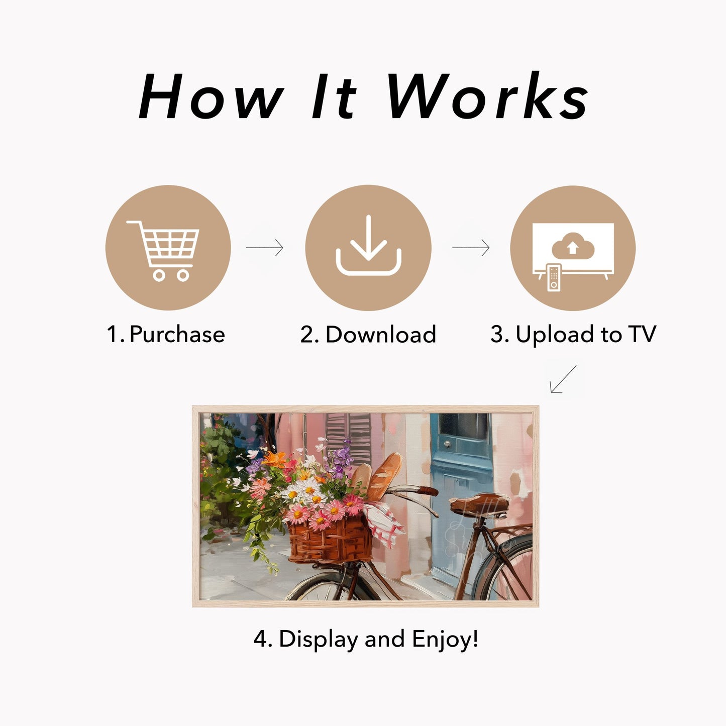 Bicycle with Flower Basket Frame TV Art displayed on a TV