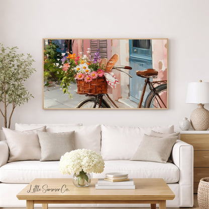 Bicycle with Flower Basket Frame TV Art displayed on a TV