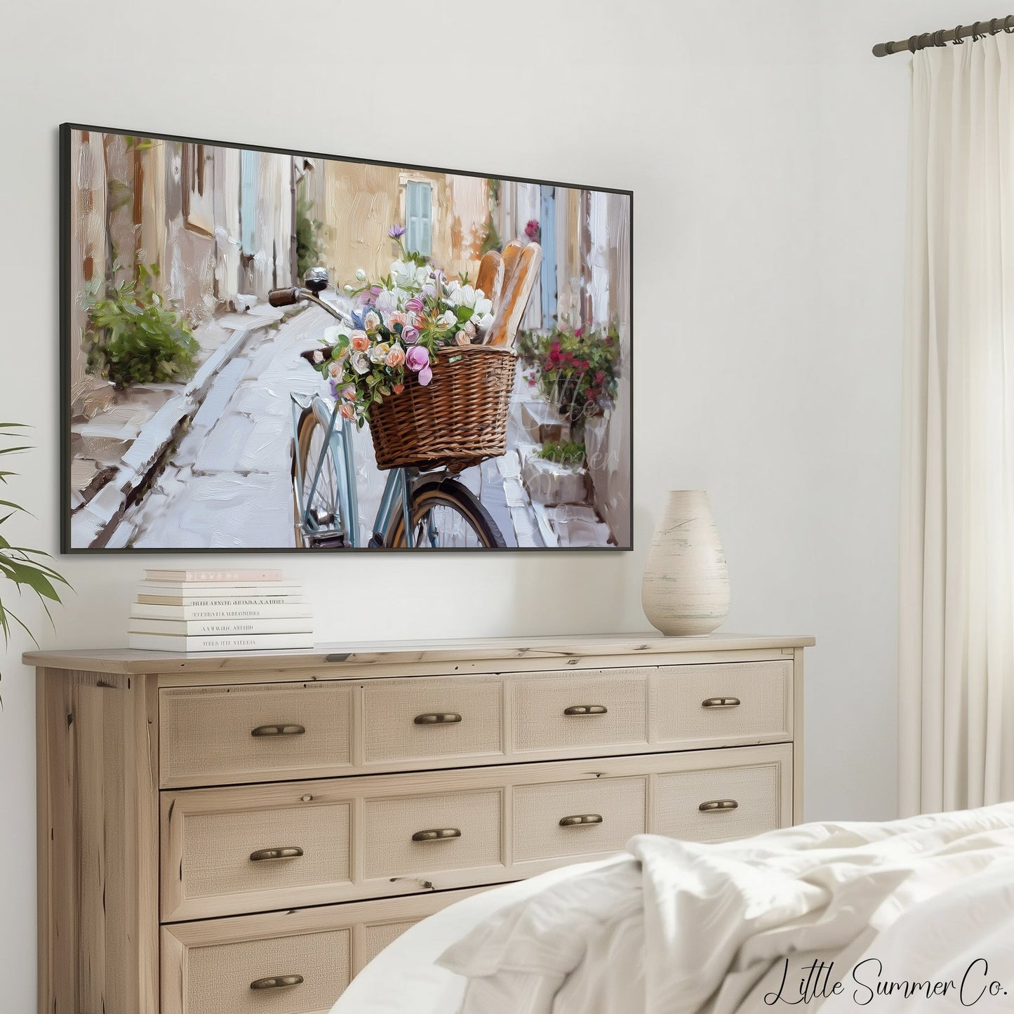 Bicycle in Cobblestone Alley Frame TV Art displayed on a TV