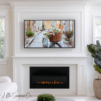Bicycle in Cobblestone Alley Frame TV Art displayed on a TV
