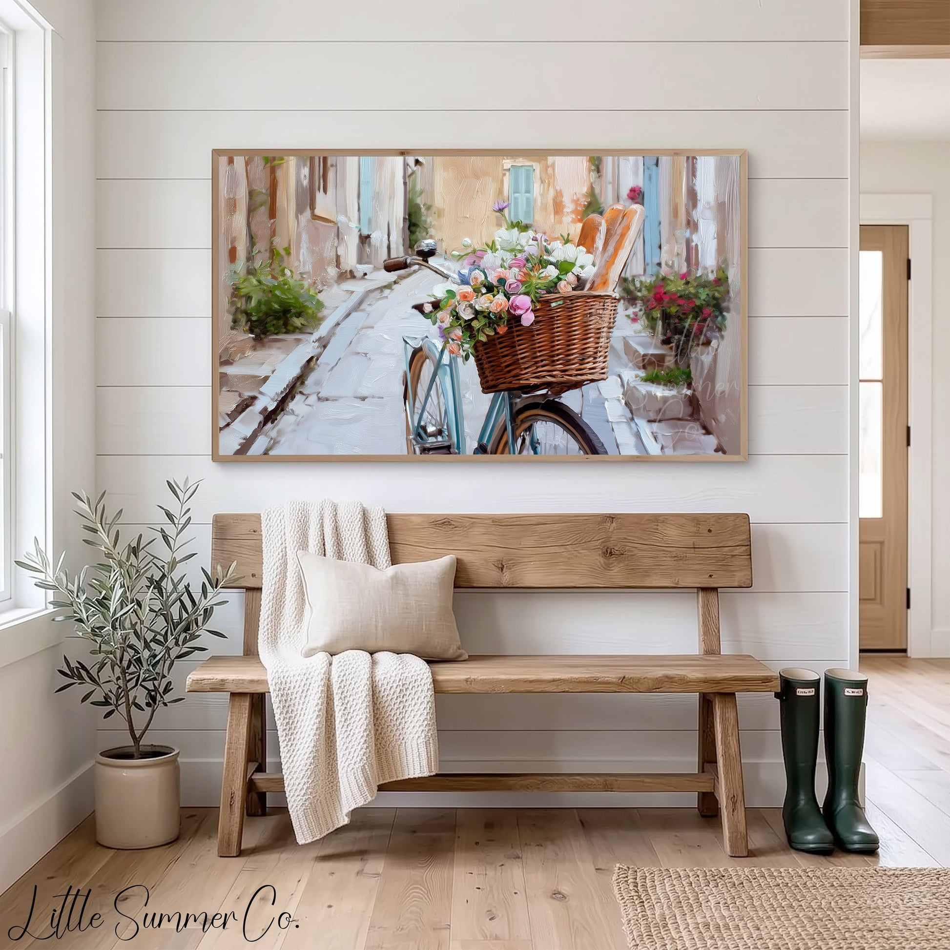 Bicycle in Cobblestone Alley Frame TV Art displayed on a TV