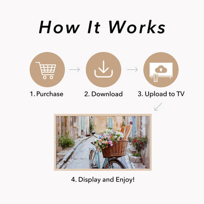 Bicycle in Cobblestone Alley Frame TV Art displayed on a TV