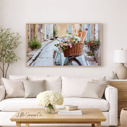 Bicycle in Cobblestone Alley Frame TV Art displayed on a TV