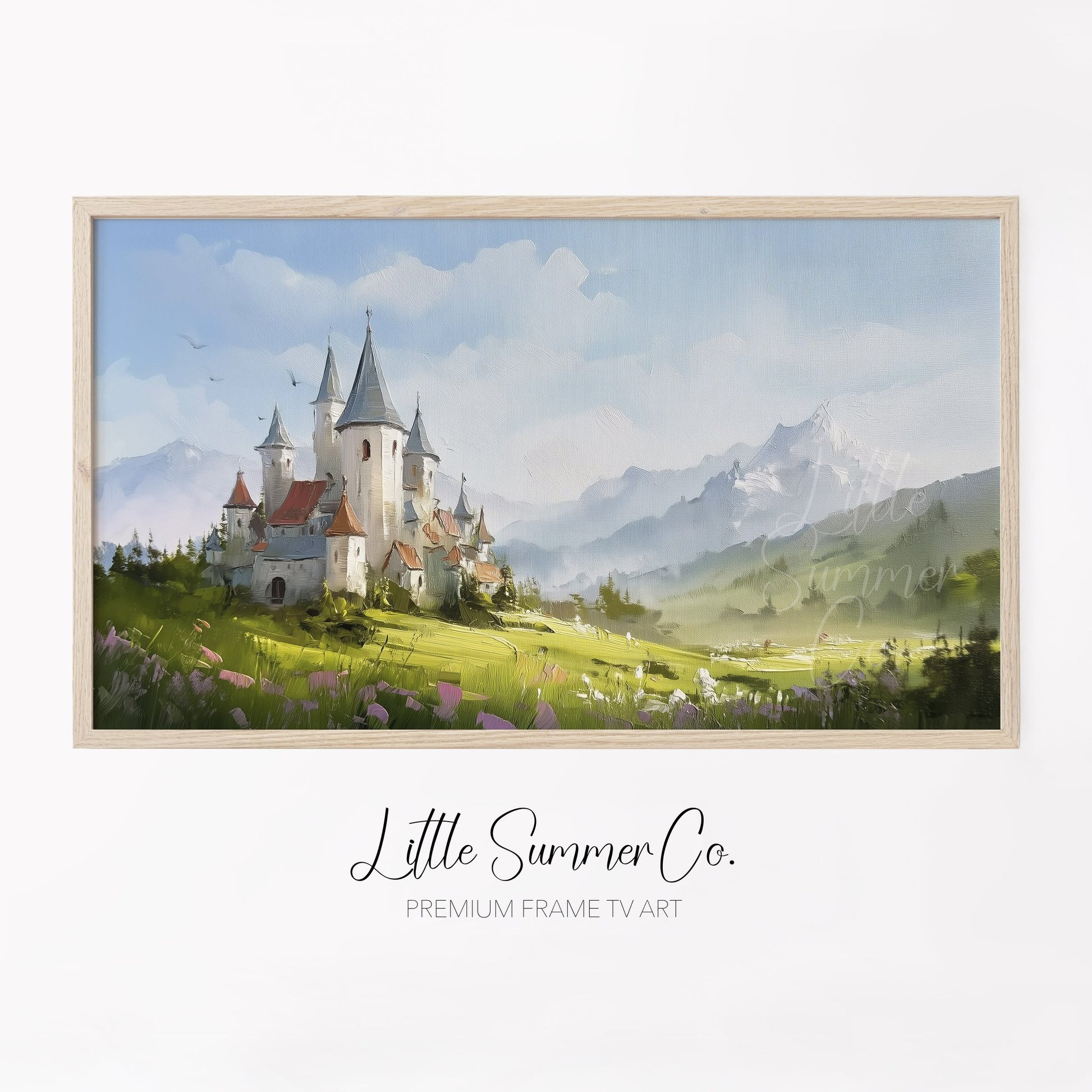 Castle in Mountain Meadow Frame TV Art displayed on a TV