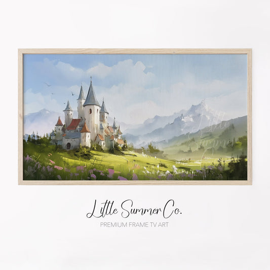 Castle in Mountain Meadow Frame TV Art displayed on a TV