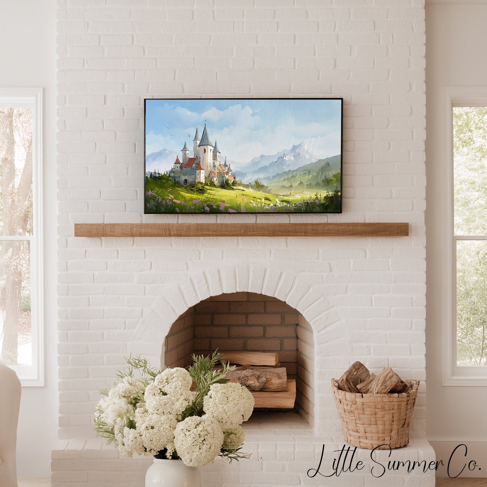 Castle in Mountain Meadow Frame TV Art displayed on a TV