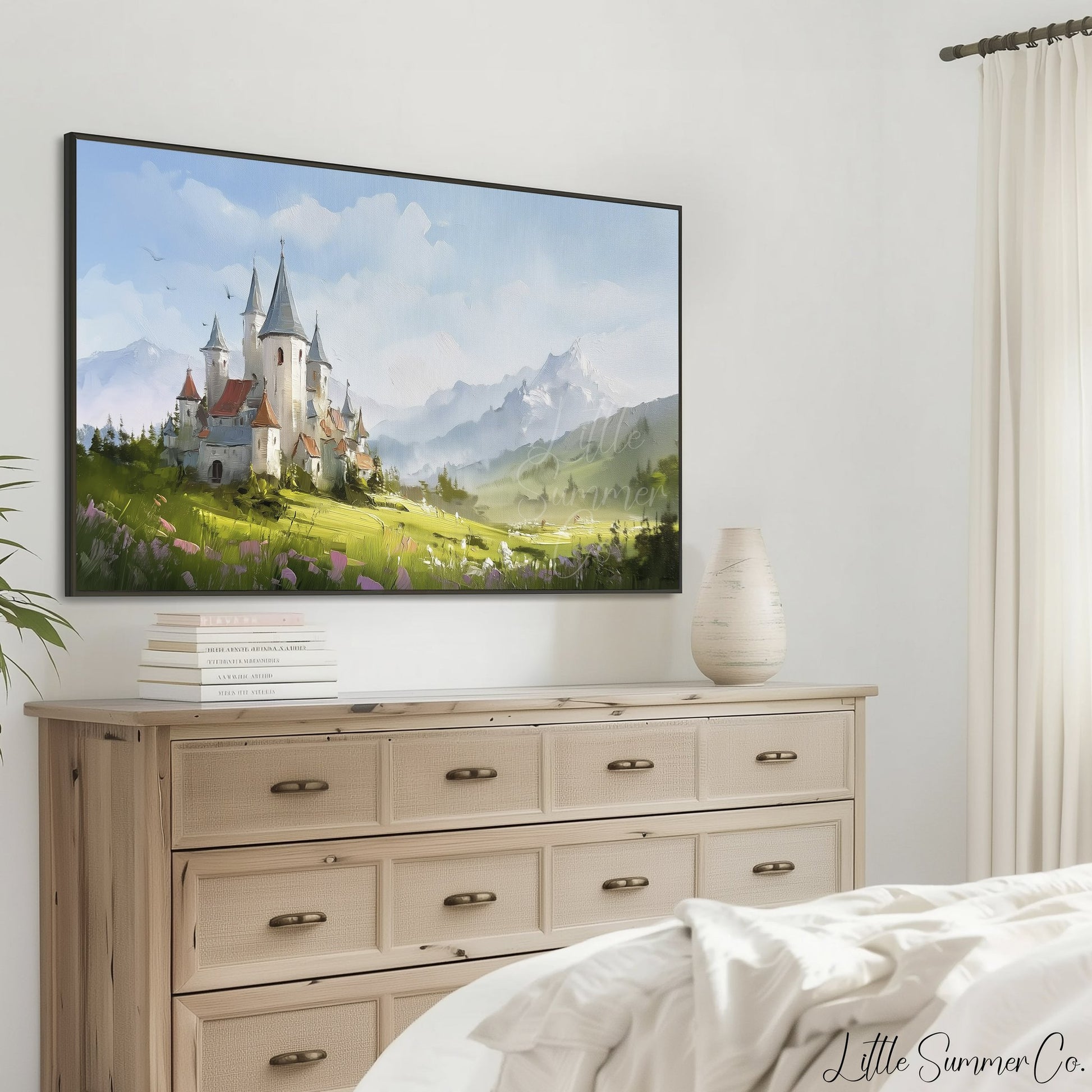 Castle in Mountain Meadow Frame TV Art displayed on a TV