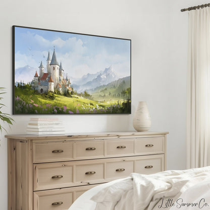Castle in Mountain Meadow Frame TV Art displayed on a TV