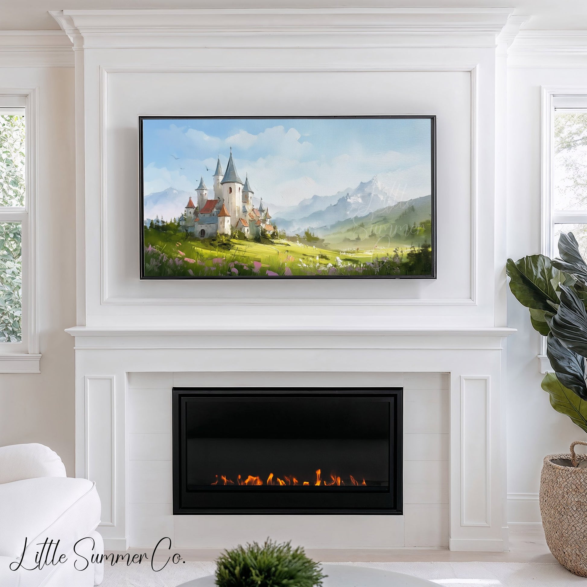 Castle in Mountain Meadow Frame TV Art displayed on a TV