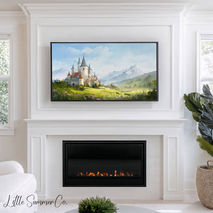 Castle in Mountain Meadow Frame TV Art displayed on a TV