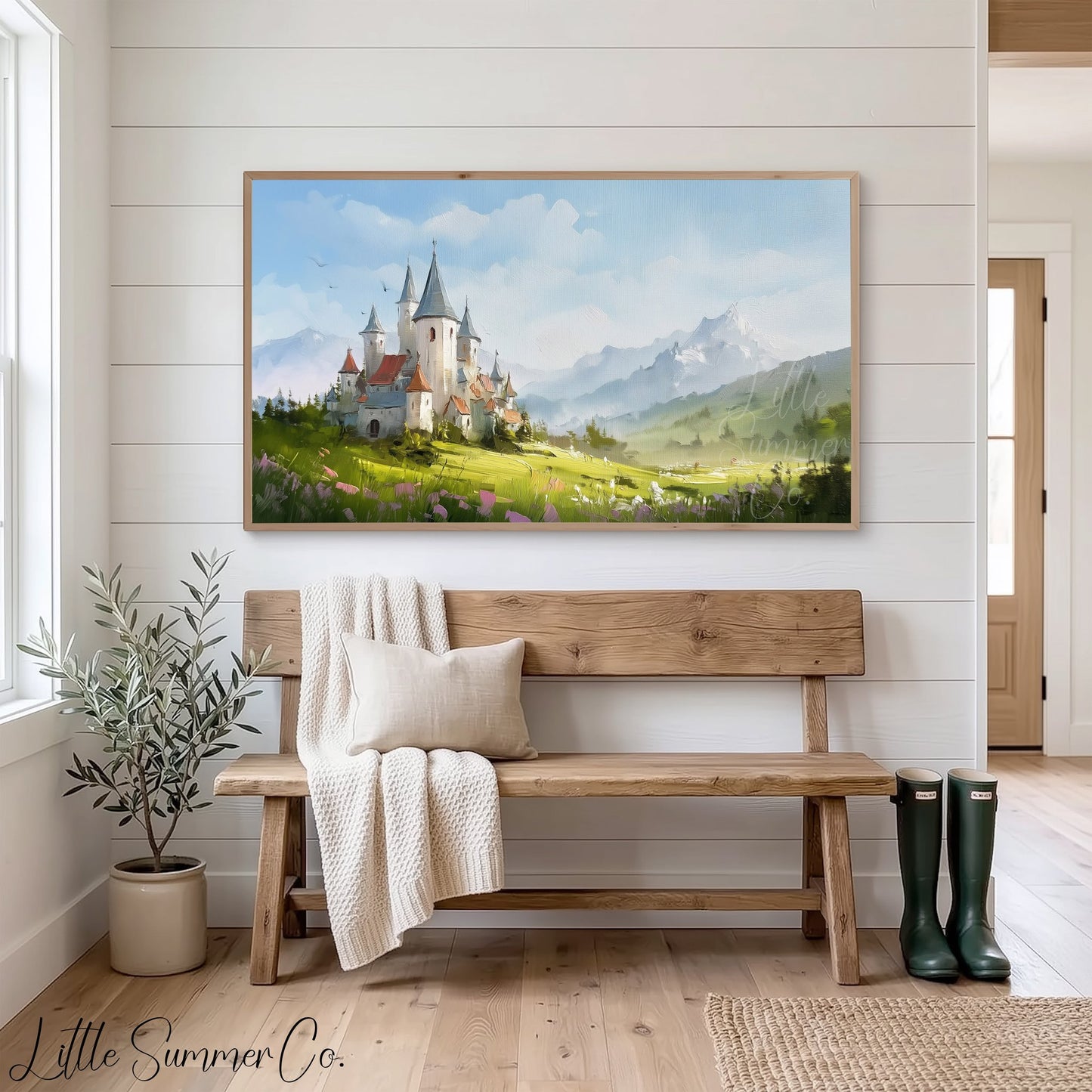 Castle in Mountain Meadow Frame TV Art displayed on a TV