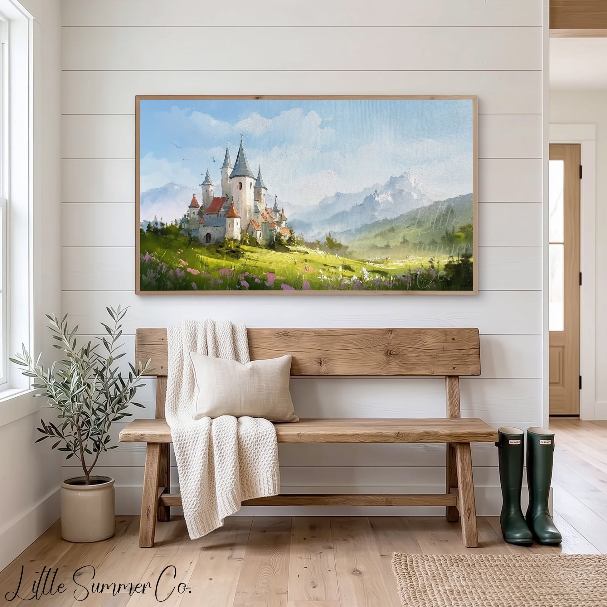 Castle in Mountain Meadow Frame TV Art displayed on a TV