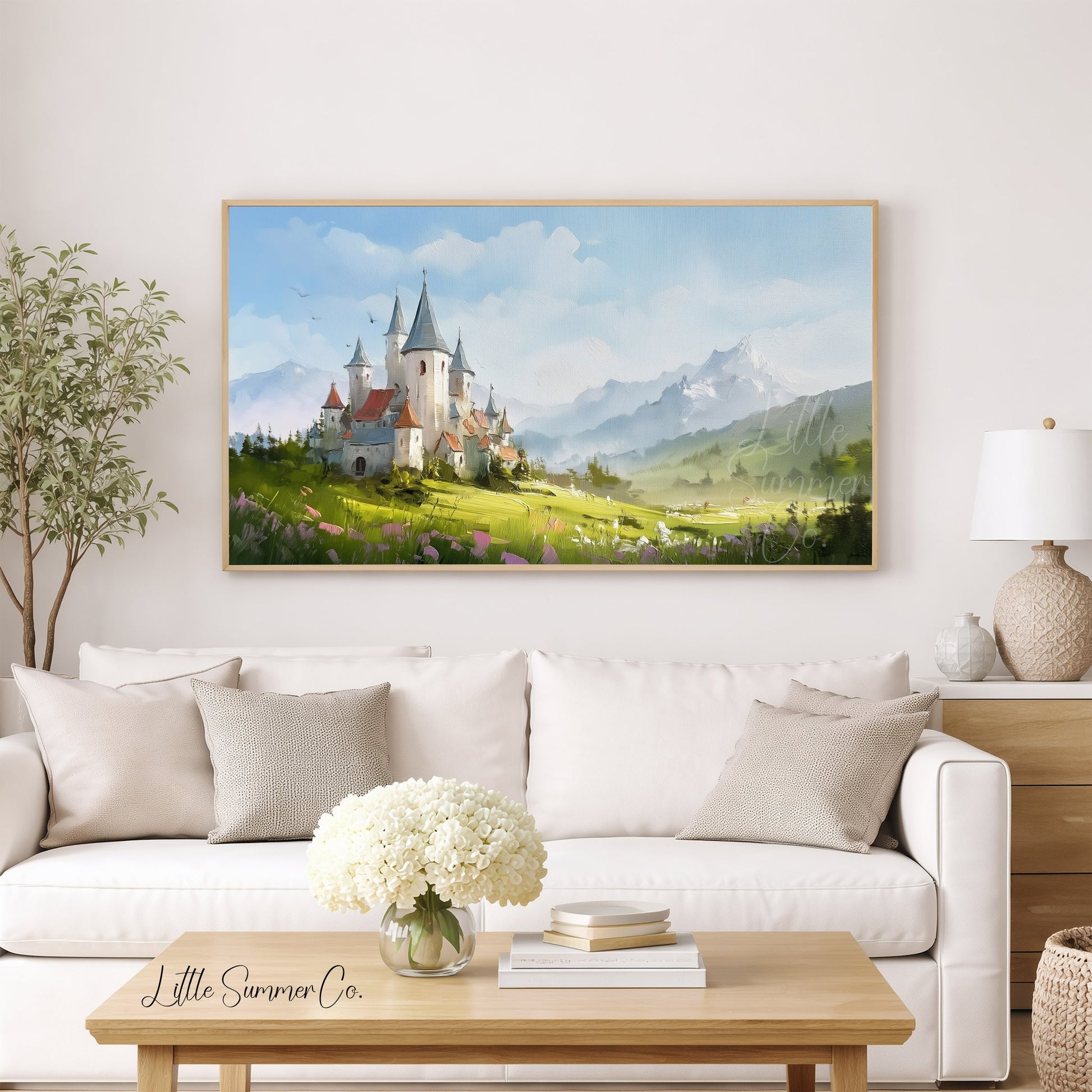 Castle in Mountain Meadow Frame TV Art displayed on a TV