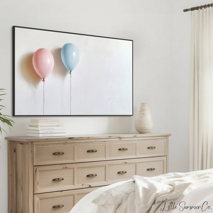 Pink and Blue Balloons Frame TV Art displayed on a TV