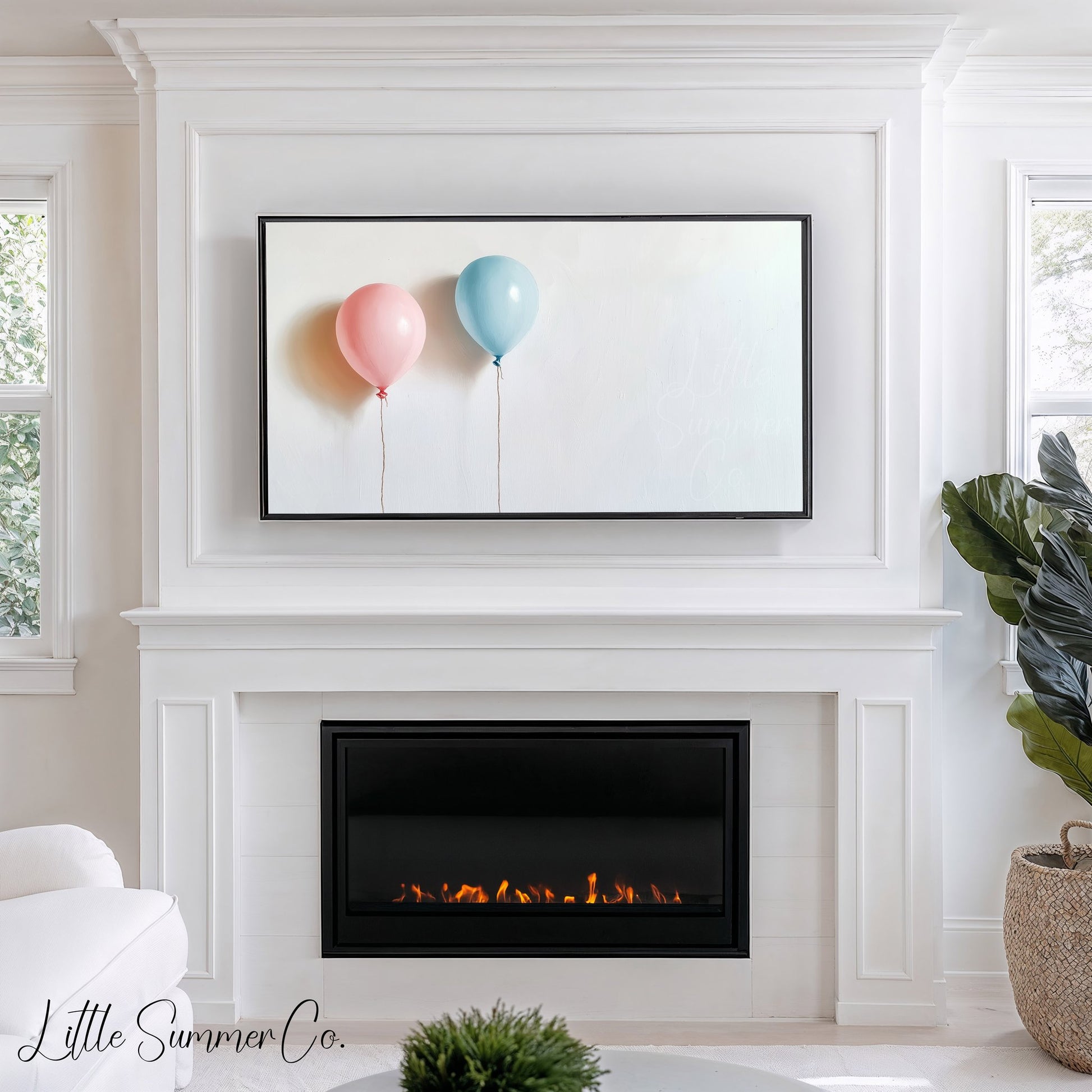 Pink and Blue Balloons Frame TV Art displayed on a TV