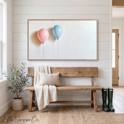 Pink and Blue Balloons Frame TV Art displayed on a TV