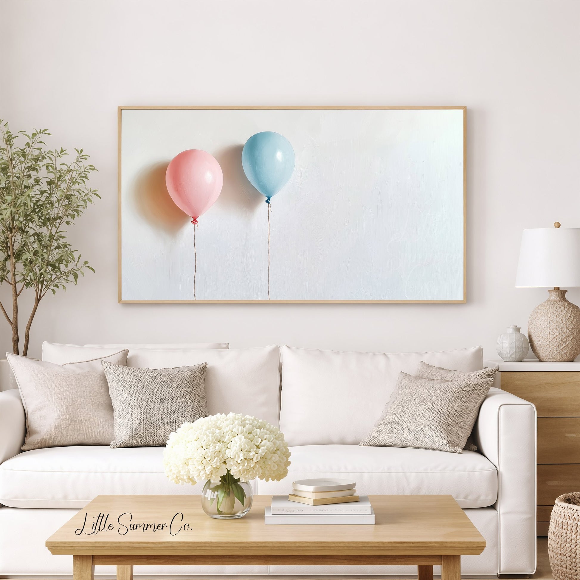 Pink and Blue Balloons Frame TV Art displayed on a TV