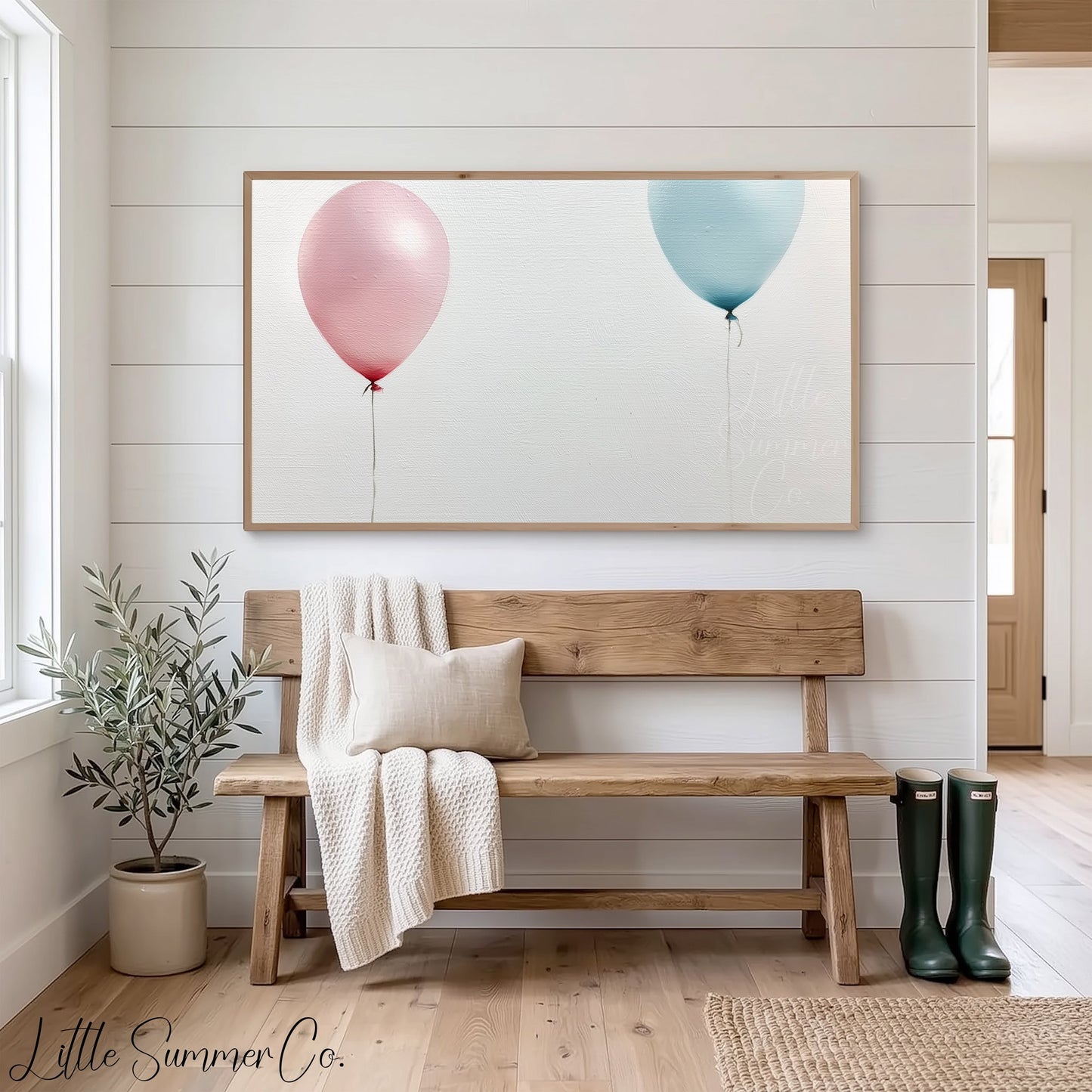 Pink Blue Balloons Pair Frame TV Art displayed on a TV