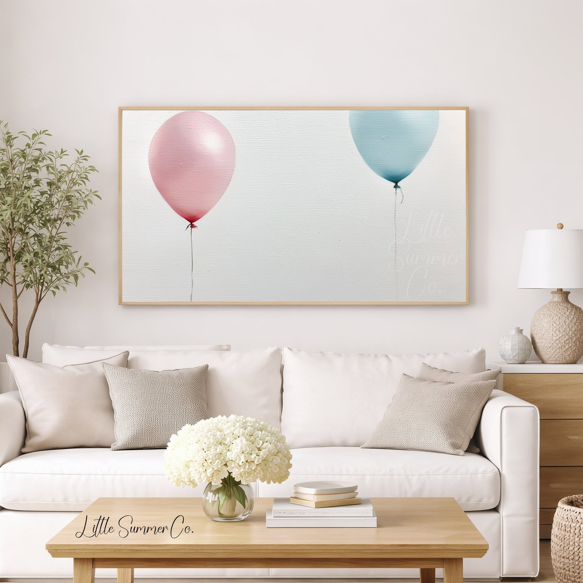 Pink Blue Balloons Pair Frame TV Art displayed on a TV