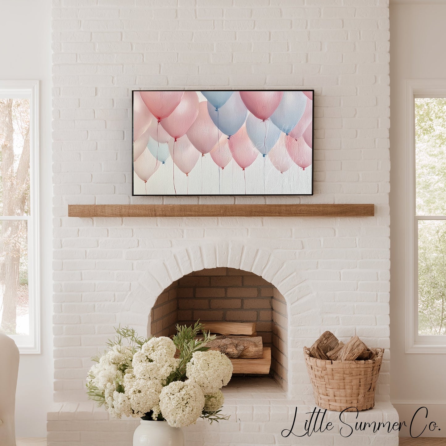Pink and Blue Balloon Bunch Frame TV Art displayed on a TV