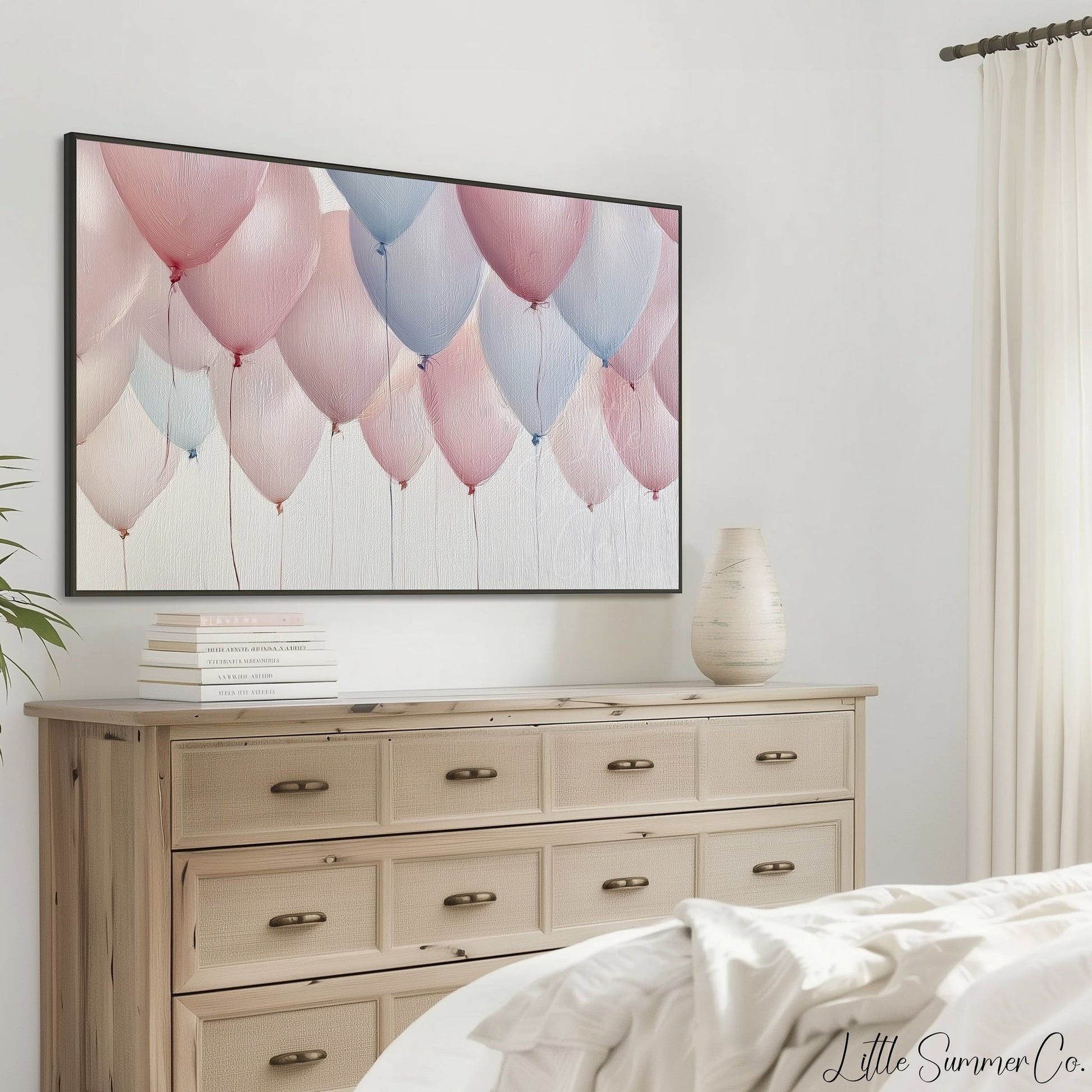 Pink and Blue Balloon Bunch Frame TV Art displayed on a TV