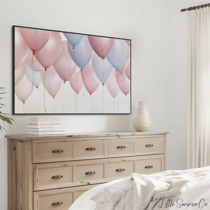 Pink and Blue Balloon Bunch Frame TV Art displayed on a TV