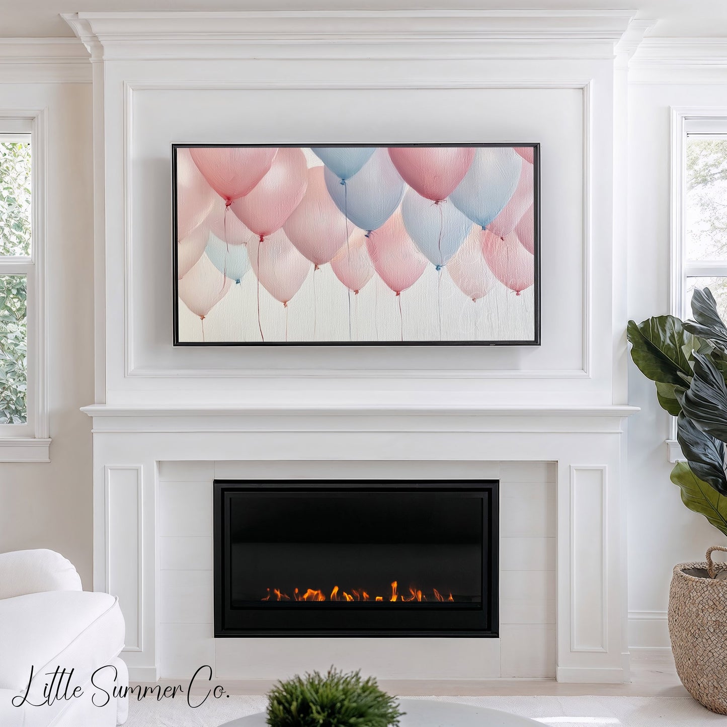Pink and Blue Balloon Bunch Frame TV Art displayed on a TV
