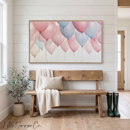 Pink and Blue Balloon Bunch Frame TV Art displayed on a TV