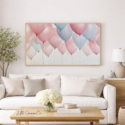 Pink and Blue Balloon Bunch Frame TV Art displayed on a TV