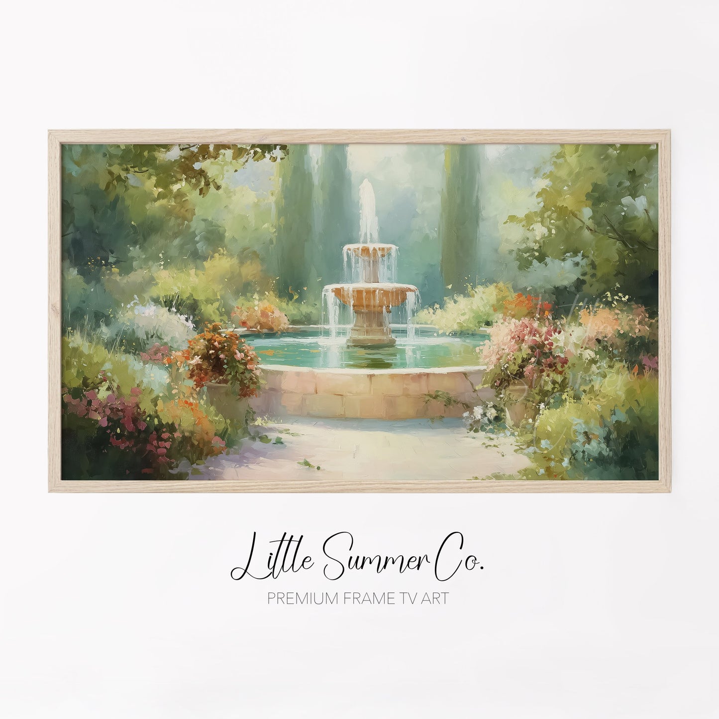 Colorful Flower Garden Fountain Frame TV Art displayed on a TV