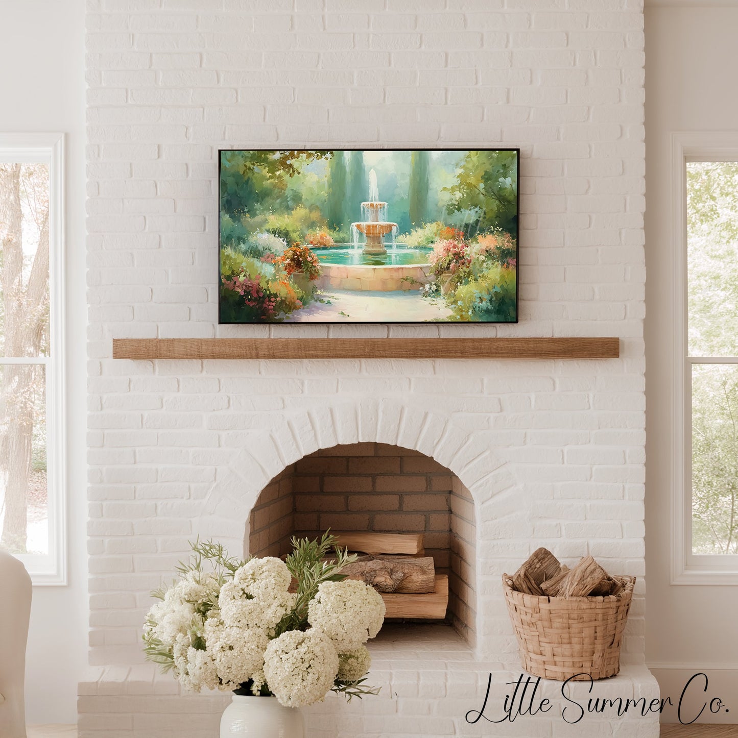 Colorful Flower Garden Fountain Frame TV Art displayed on a TV