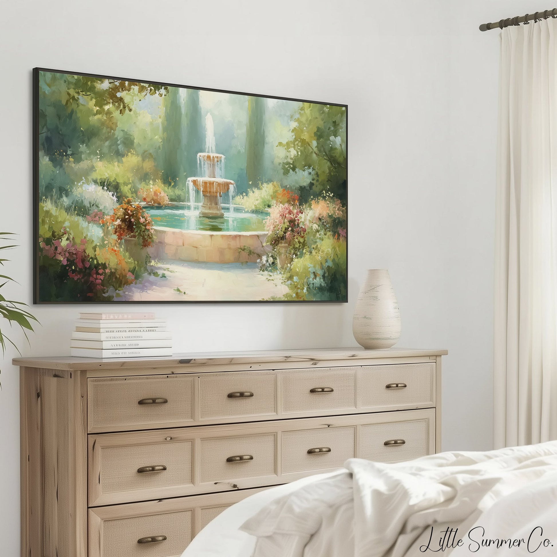 Colorful Flower Garden Fountain Frame TV Art displayed on a TV